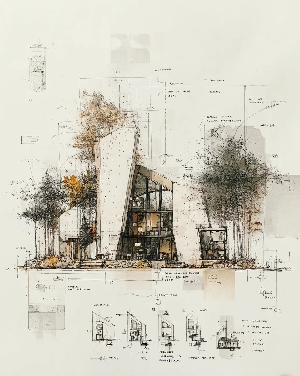 Composición arquitectónica de infraestructura, paisaje y detalle técnico