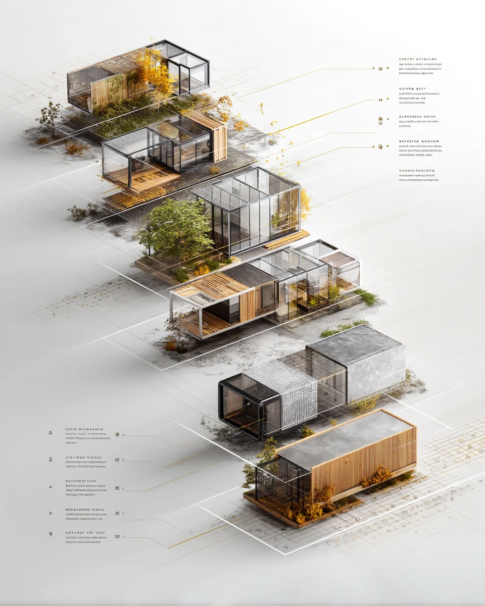 Proyecto arquitectónico generado con estética de plano, paisaje y vivienda contemporánea